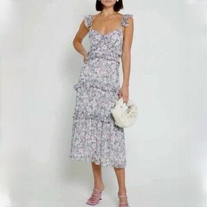 Floral Ruffle Midi Dress - Lavender and Sage